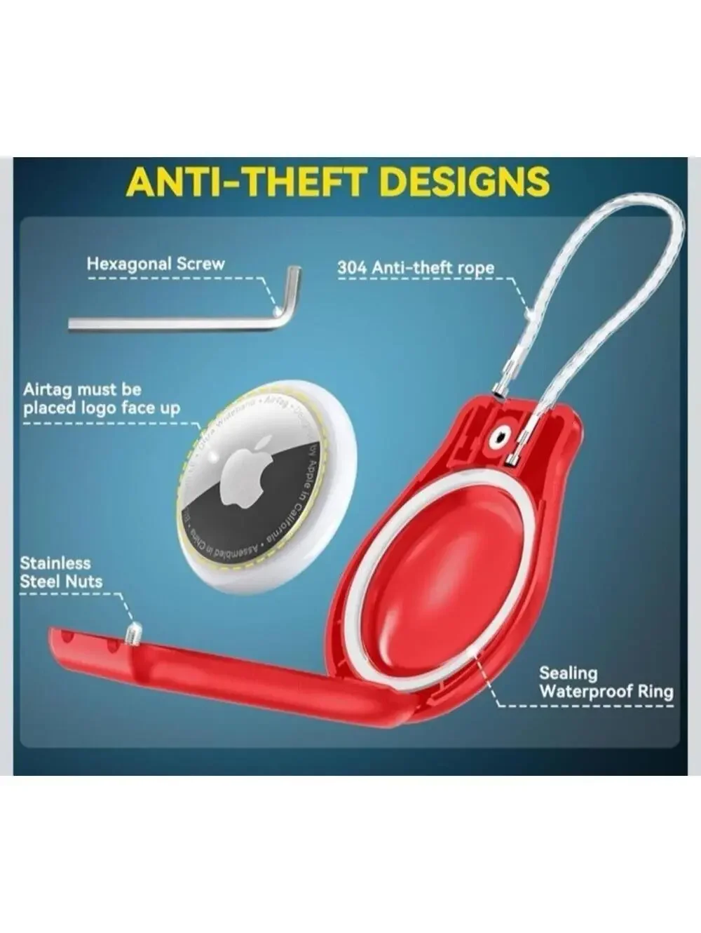 Waterproof AirTag Holder Anti-Theft Steel Cable Loop - Includes Allen Key Tool